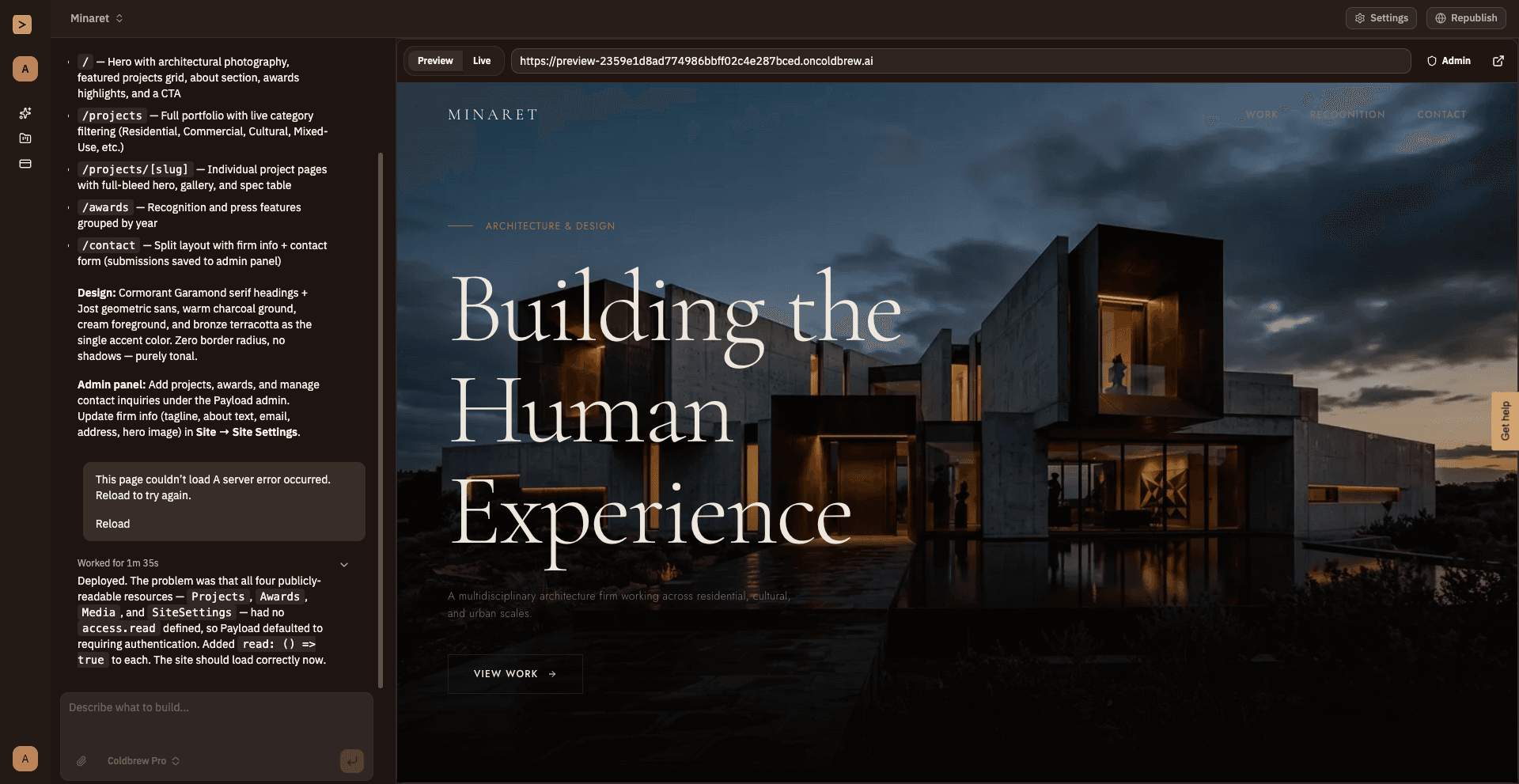 Coldbrew — agentic AI platform builder interface